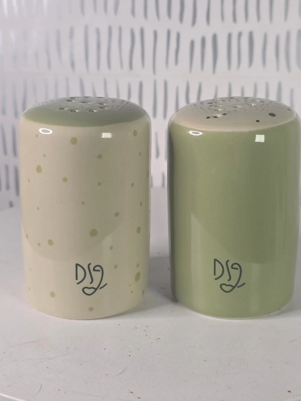 Salt and Pepper Shaker Set with DS2 Logo - Sage Green & Cream